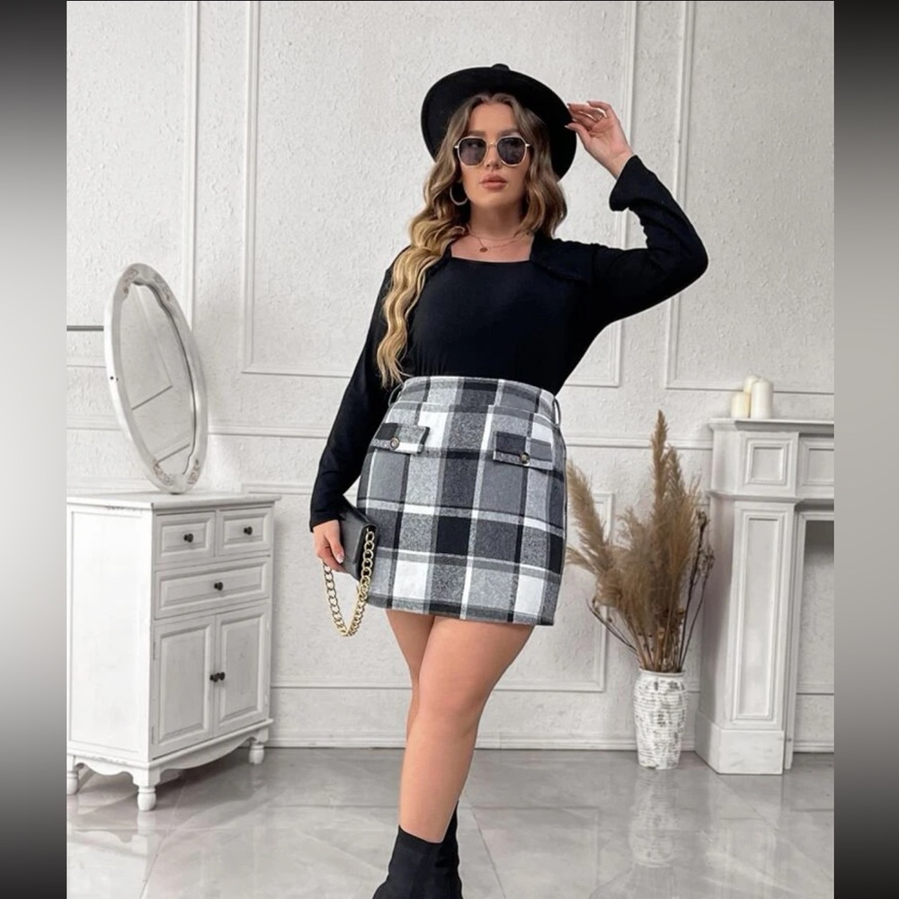 Plus belted plaid pocket detail wool like skirt 2x